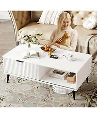 41.34 inch Rectangle Coffee Table, 2-Tier Farmhouse Table with Storage and Sliding Wave Pattern Door, Modern Wood Center Table for Living Room, Office