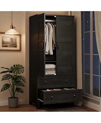 gaomon Modern Walnut Wooden Armoire Wardrobe Closet 72 Inch Tall Bedroom Storage Cabinet with 2 Drawers, Hanging Rod,Heavy Duty Furniture Doors