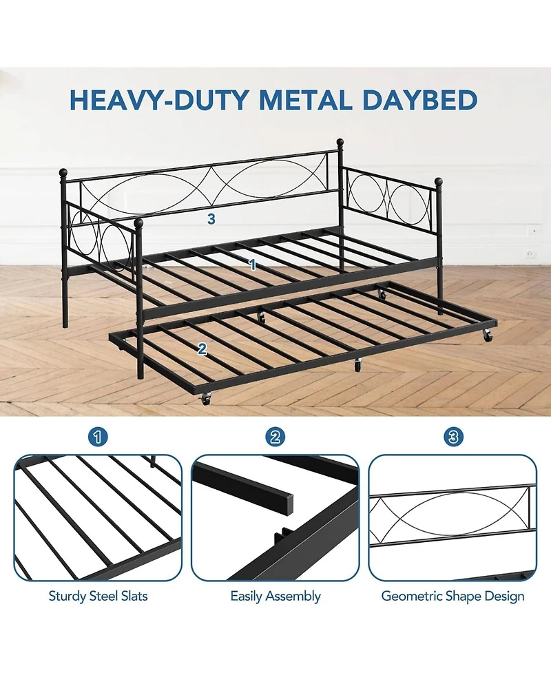 gaomon Senfot Twin Daybed with Trundle, Pull Out Trundle Day Bed, Twin Mattress Foundation with Metal Slats, Modern Sofa Bed for Living Room, Bedroom