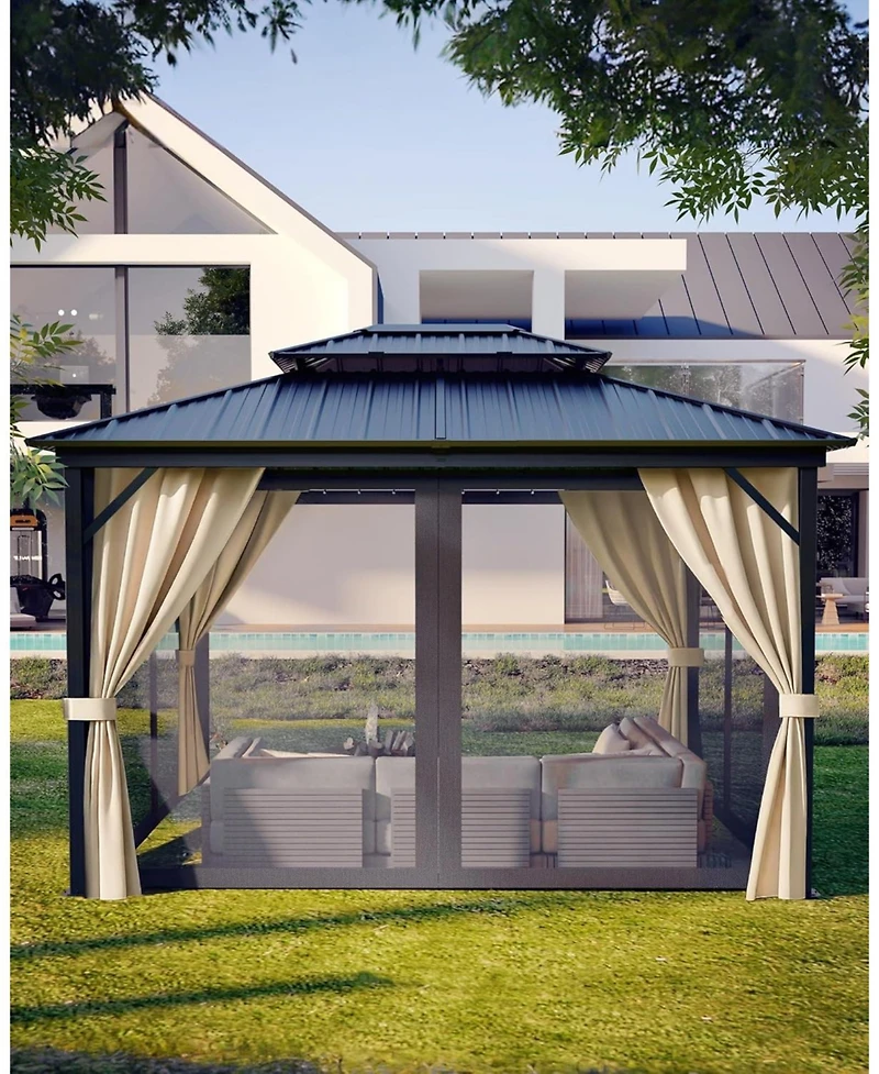 gaomon Hardtop Gazebo 10 ft x14 ft for All Weather, with Double Metal Roof, Aluminum Alloy Frame, Net, and Curtain, Permanent Building for Patio, Deck