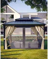 gaomon Hardtop Gazebo 10 ft x14 ft for All Weather, with Double Metal Roof, Aluminum Alloy Frame, Net, and Curtain, Permanent Building for Patio, Deck