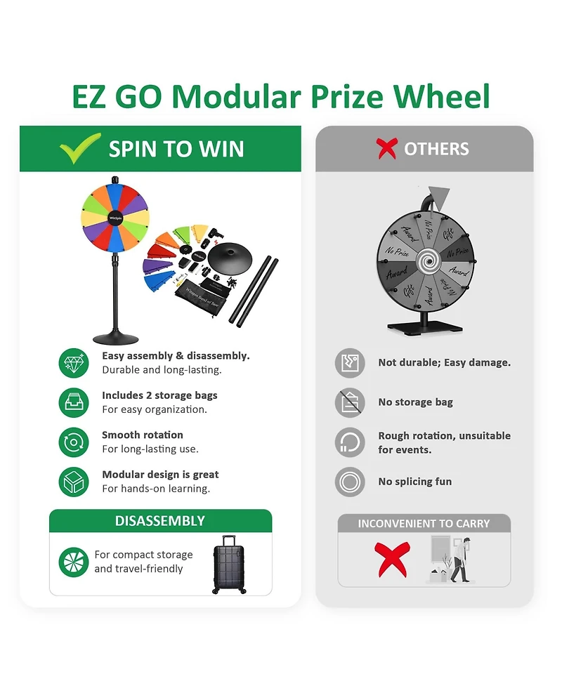 WinSpin 24" Diy Modular Prize Wheel 12 Slots Heavy Duty Dual Use Adjustable Tabletop or Floor Stand Trade Show