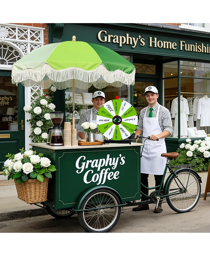 WinSpin 24" Modular Prize Wheel Tabletop with Palm Springs Green Fringe Umbrella for Outdoor Pop-up Shop Craft Booth