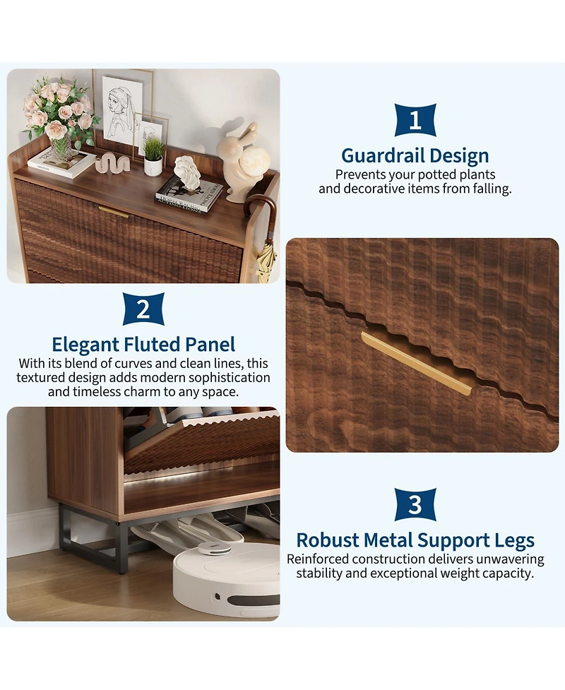 homfan Shoe Storage Cabinet with 2 Flip Drawers, Narrow Wood Hidden Fluted Shoe Rack Organizer Cabinet for Entryway