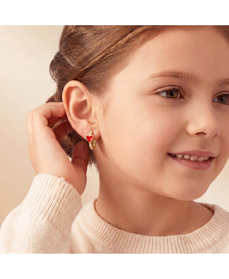 GiGiGirl 14k Yellow Gold Plated with Cubic Zirconia Pink Enamel Slim Hoop Earrings for Kids