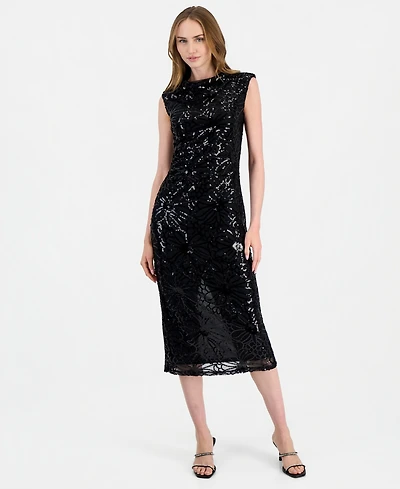 Anne Klein Women's Sleeveless Floral-Sequin Draped-Neck Midi Dress