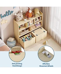 gaomon 2 Set of Toy Storage Organizer with Movable Drawers, Bookshelf with Hidden Wheels and 5 Open Cubbies, Multifunctional Floor Storage