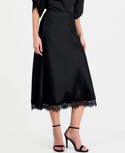 Anne Klein Women's Lace-Trim Midi Satin Skirt