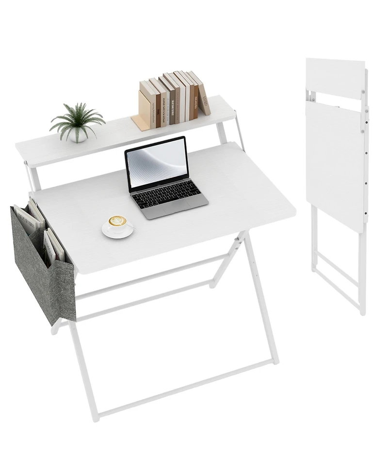 gaomon Portable Small Desk No Assembly, 2-Tier Compact Computer with Shelf, Space Saving Foldable Table for Home Office, Bedroom or Apartment