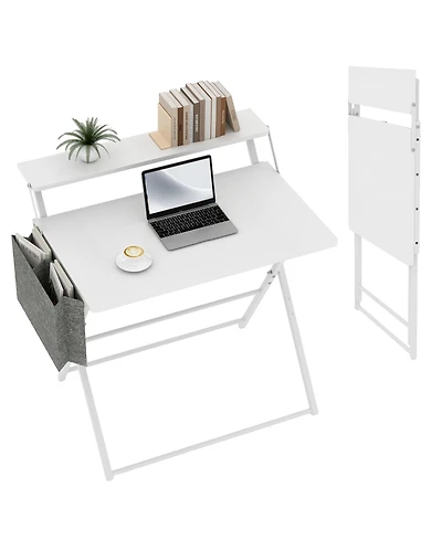 gaomon Portable Small Desk No Assembly, 2-Tier Compact Computer with Shelf, Space Saving Foldable Table for Home Office, Bedroom or Apartment