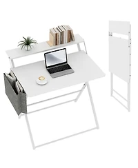 gaomon Portable Small Desk No Assembly, 2-Tier Compact Computer with Shelf, Space Saving Foldable Table for Home Office, Bedroom or Apartment