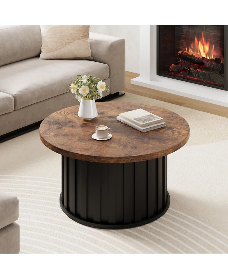homfan 31.9" Round Coffee Table – Mid-Century Modern with Fluted Texture and Metal Base, Living Room Apartment Small Space