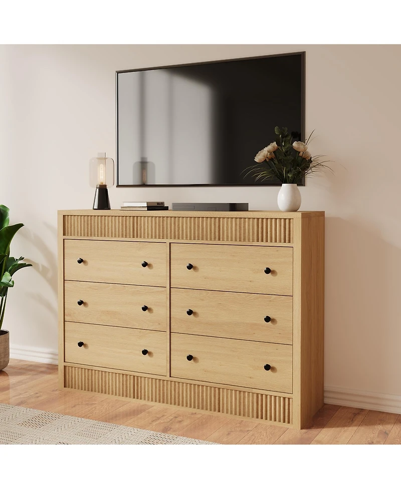 homfan Modern Fluted 6-Drawer Dresser Wide Oak Wood Storage Cabinet for Bedroom Living Room Entryway, Sleek Hallway Chest