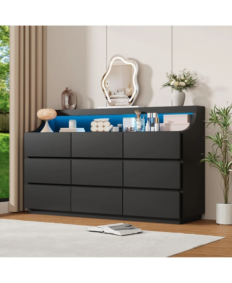 homfan 59" 9-Drawer Dresser – Led Lights and Large Storage Drawers, Modern Chest with Anti-Tipping for Bedroom or Living Room