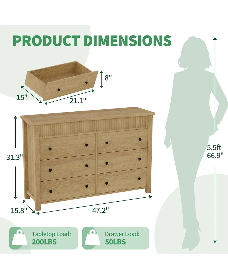 homfan 6-Drawer Wood Storage Dresser Fluted-Shape Chest of Drawers, 47.2" Organizer Cabinet for Bedroom, Living Room and Nursery