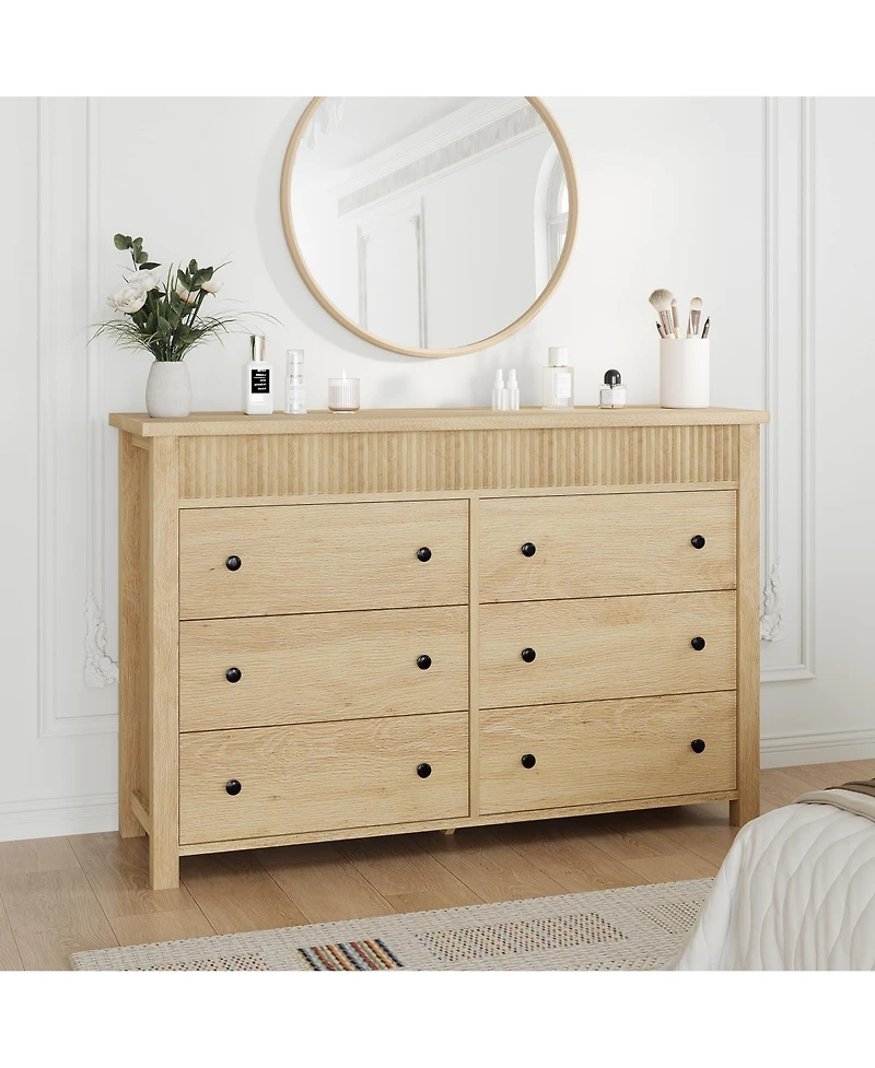 homfan 6-Drawer Wood Storage Dresser Fluted-Shape Chest of Drawers, 47.2" Organizer Cabinet for Bedroom, Living Room and Nursery