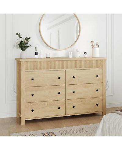 homfan 6-Drawer Wood Storage Dresser Fluted-Shape Chest of Drawers, 47.2" Organizer Cabinet for Bedroom, Living Room and Nursery