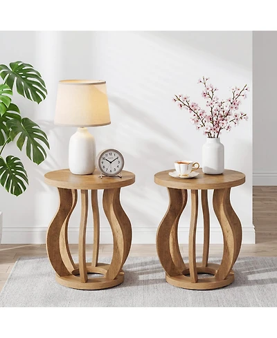 Tribesigns Round End Side Table Set of 2, Farmhouse Wooden Side Table for Living Room, Bedside Nightstand with Curved Frame, Accent Nightstand