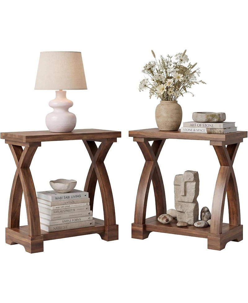 Tribesigns Solid Wood End Table Set of 2, Small Side Table with Storage Shelf, 2-Tier Narrow End Table for Living Room, Bedroom, Small Spaces