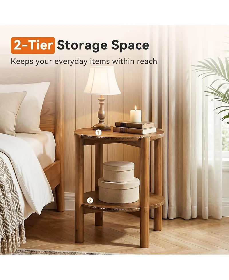 Tribesigns 2-Tier Solid Wood Round Side Table Set of 2, Farmhouse Rustic Nightstand, Small End Table