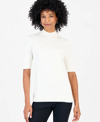Petite Mock-Neck Short-Sleeve Sweater, Created for Macy's