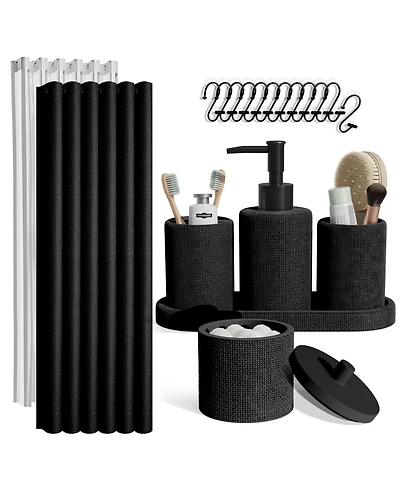 Complete Burlap Texture Polyresin Bathroom Decor and Accessory Set with Shower Curtain