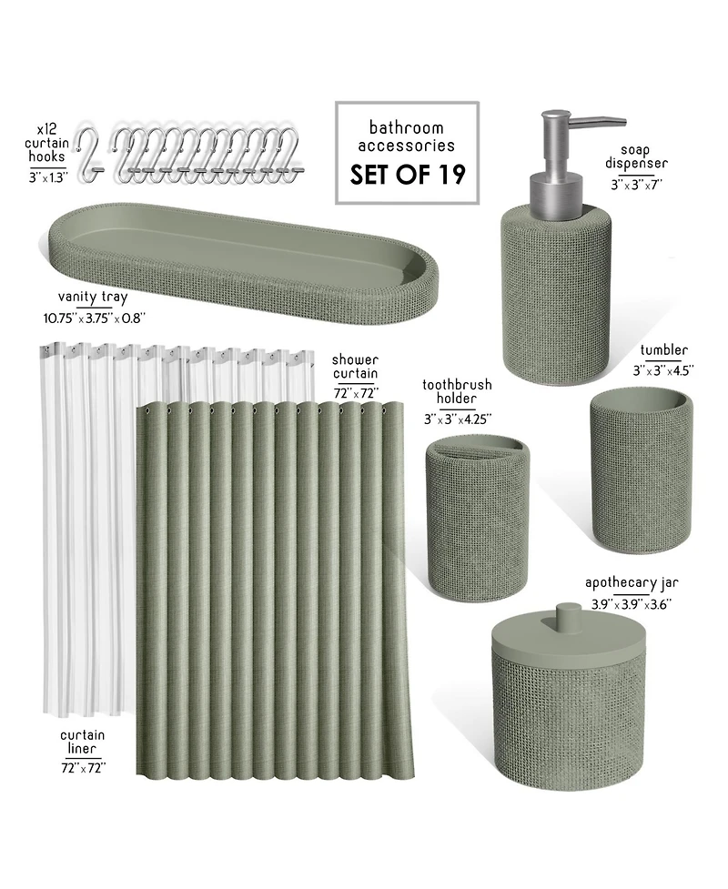Complete Burlap Texture Polyresin Bathroom Decor and Accessory Set with Shower Curtain