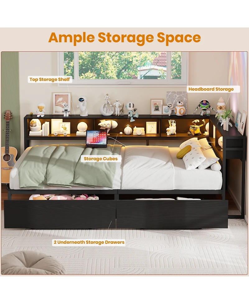 gaomon Corner Bed Frame with Charging Station and Led Lights, Storage Drawers Bookcase Headboard, Modern Daybed for Kids, Teens, Guests