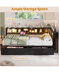 gaomon Corner Bed Frame with Charging Station and Led Lights, Storage Drawers Bookcase Headboard, Modern Daybed for Kids, Teens, Guests
