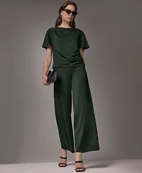 Donna Karan New York Womens Ruched Side Short Sleeve Top Wide Leg Pull On Pants