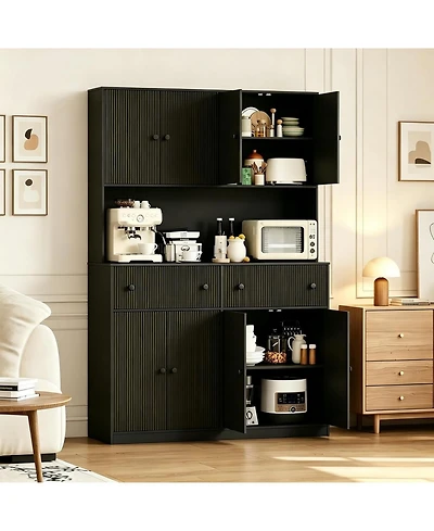 gaomon 47" Fluted Pantry Cabinet Countertop Charging Station 2 Drawers Adjustable Shelves