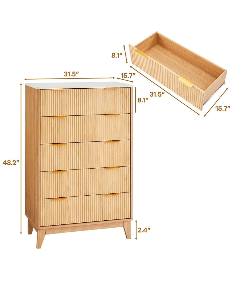 gaomon Fluted 5 Drawer Dresser for Bedroom, Modern Wood Chest of Drawers with Curved Grooved Front and Handles