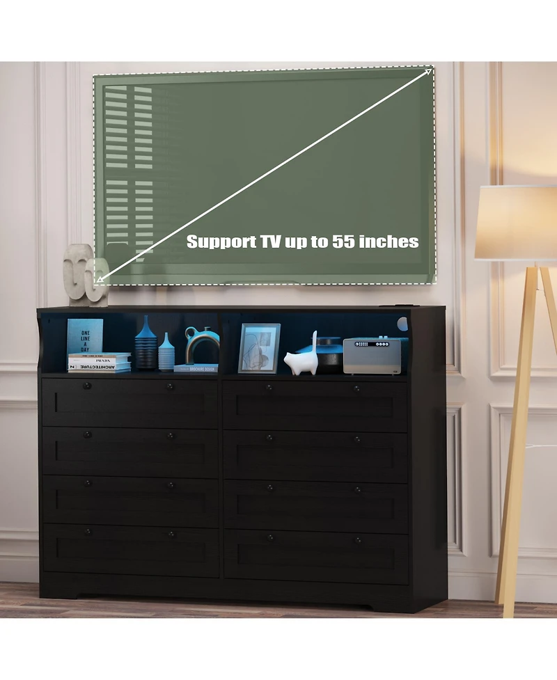 gaomon 8 Drawer Wooden Dresser for Bedroom with Led Lights and Charging Station, Wood Chest of Drawers Adult Kids