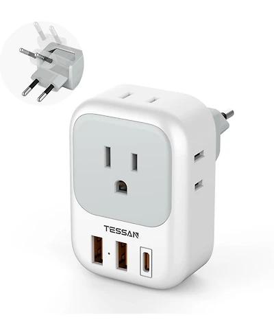 Tessan Travel Plug Adapter, Foldable Type C Power Adapter with 4 Outlets and 3 Usb Ports, Usb C Pd 20W