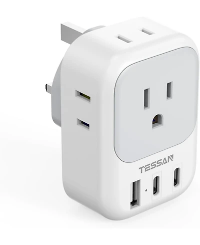 Tessan Us to Uk Plug Adapter, Type G Travel Adaptor with 4 Electrical Outlets 3 Usb Ports (2 Usb C), Ireland Power Adapter for Usa to England London