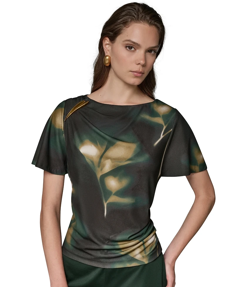 Donna Karan New York Women's Printed Jersey Boat Neck Top