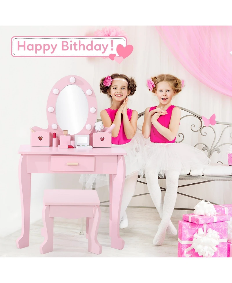 homfan Lighted Mirror Kids Vanity Table and Chair Set - Wooden Princess Makeup Dressing with Stool Pretend Play Storage Drawer