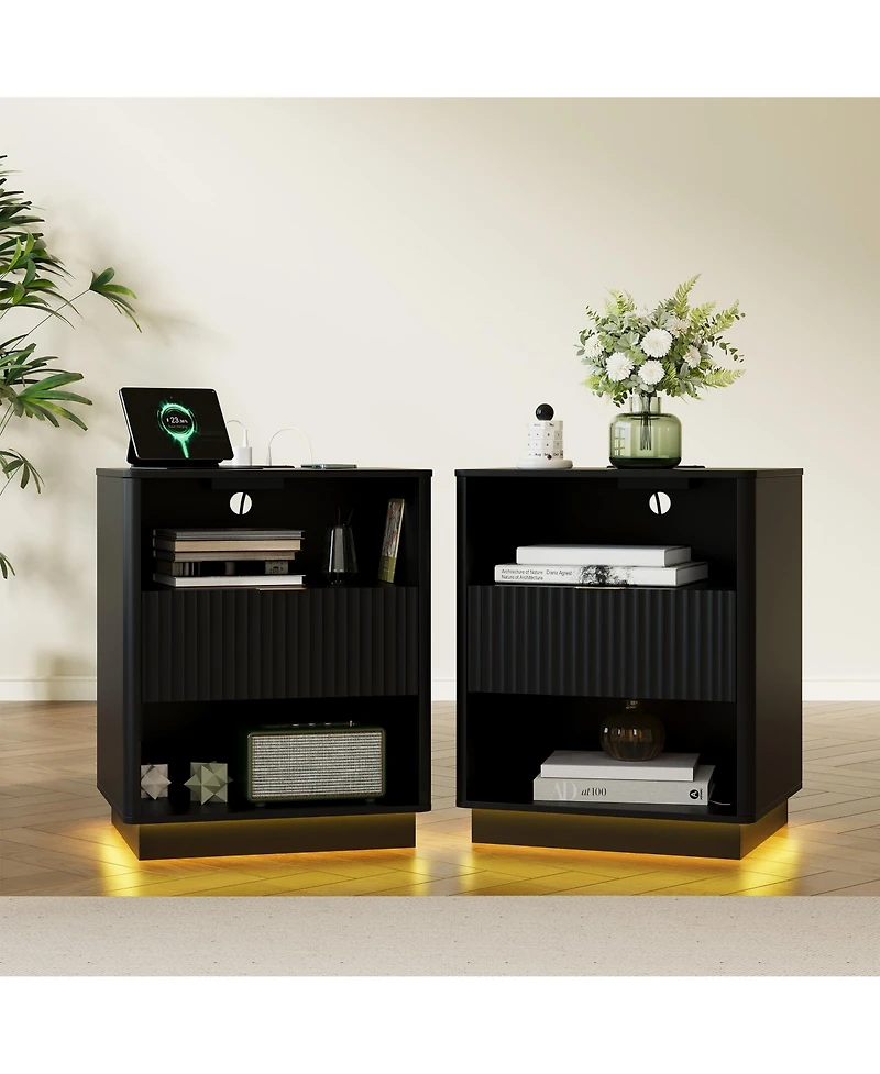 gaomon Fluted Nightstand Set of 2, Wooden Night Stand with Charging Station and Led Light