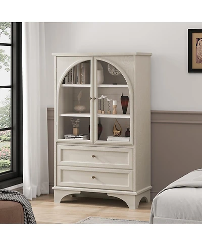 Streamdale Furniture Glass Door Display Cabinet with 2 Drawers and Adjustable Shelf