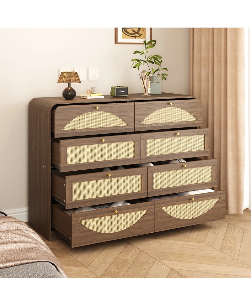 Streamdale Furniture 8-Drawer Walnut Dresser with Rattan Front