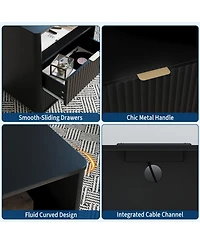 gaomon Fluted Nightstand with Charging Station, Wooden Night Stand Led Light