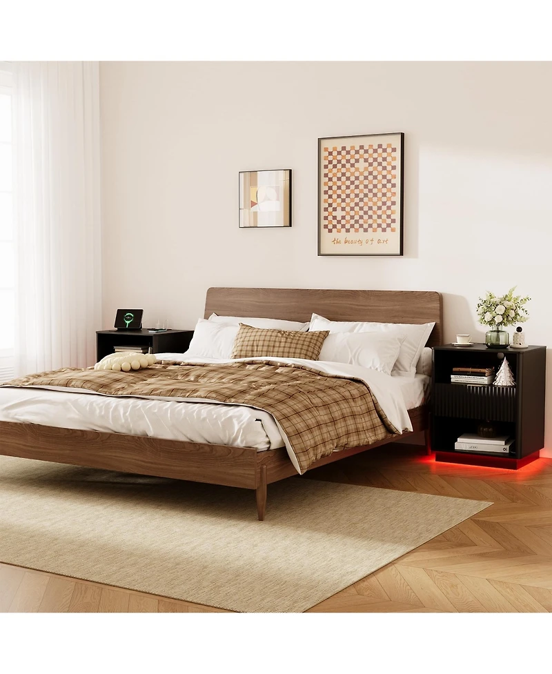 gaomon Fluted Nightstand with Charging Station, Wooden Night Stand with Led Light
