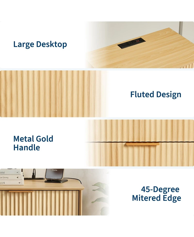 gaomon Wavy-Patterned Three-Drawer Nightstand with Usb Port and Power Outlet-a Compact Dressing Table for the Bedroom or Living Room