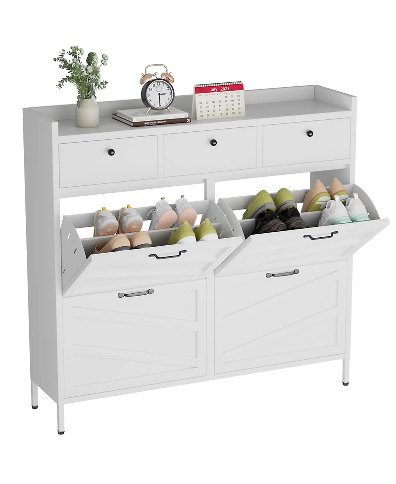 Streamdale Furniture 4-Flip and 3-Drawer Metal Shoe Cabinet, Slim Freestanding Steel Organizer
