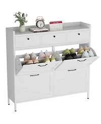Streamdale Furniture 4-Flip and 3-Drawer Metal Shoe Cabinet, Slim Freestanding Steel Organizer