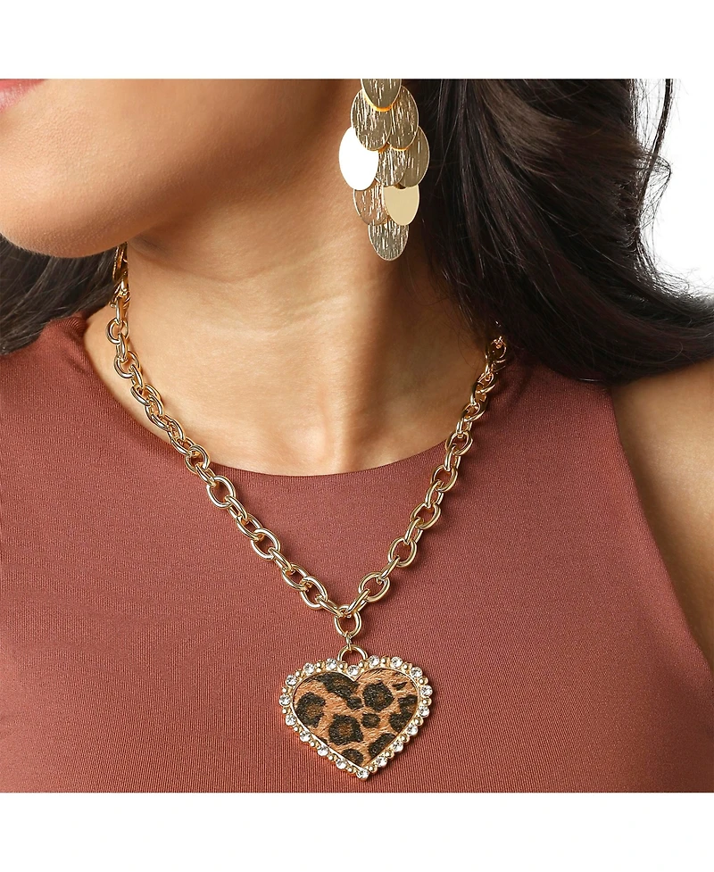 Jessica Simpson Chunky Heart Necklace for Women with Cheetah Print and Pave Crystals, 18"+2" Heart Pendant Necklace