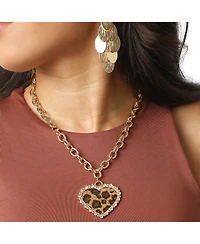 Jessica Simpson Chunky Heart Necklace for Women with Cheetah Print and Pave Crystals, 18"+2" Heart Pendant Necklace