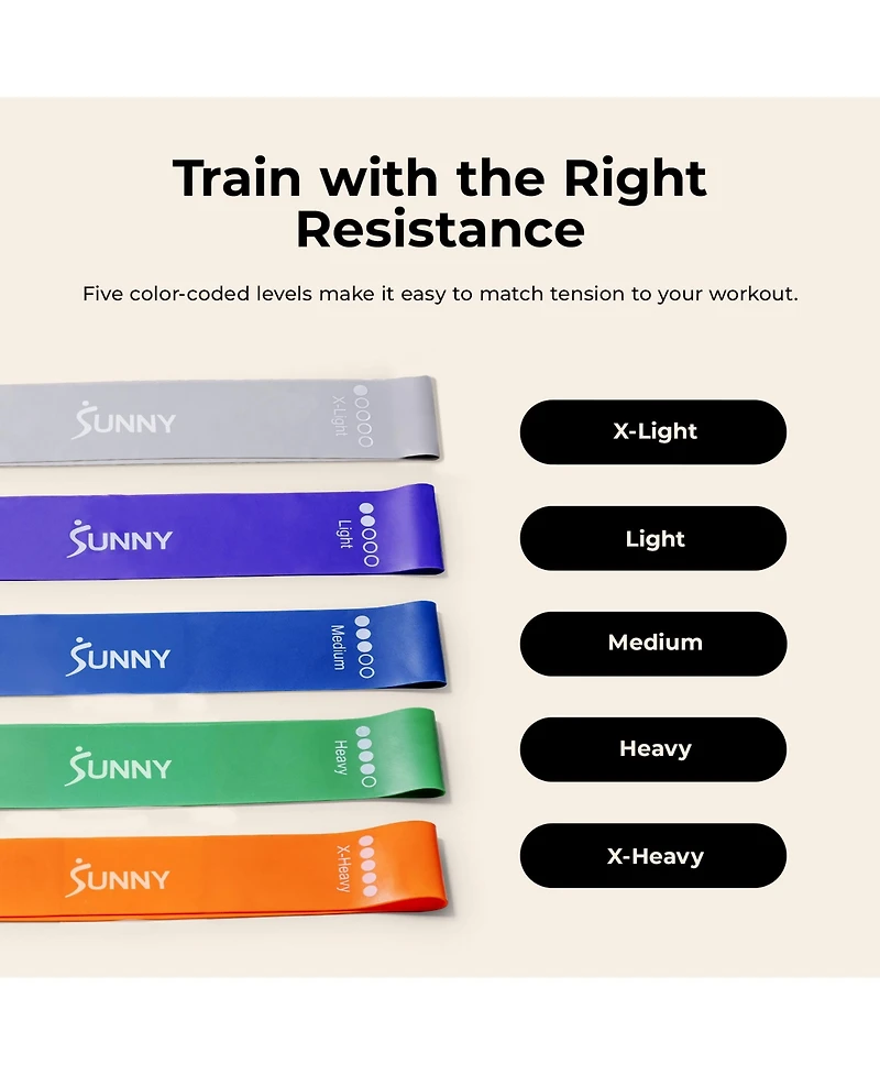 Sunny Health & Fitness Resistance Loop Bands - 5 Levels of Color-Coded Exercise Bands for Legs, Glutes and Strength Training