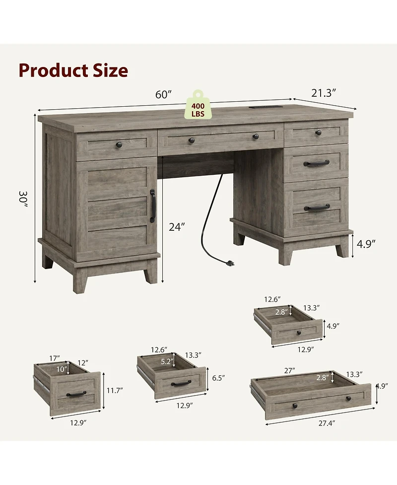 gaomon Farmhouse Executive Wood Desk 60" Writing Table with Drawers, Adjustable File Cabinet and Power Outlets Distressed Study Desk for Home Office