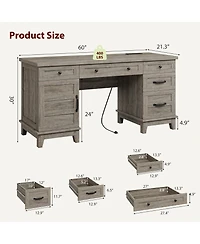 gaomon Farmhouse Executive Wood Desk 60" Writing Table with Drawers, Adjustable File Cabinet and Power Outlets Distressed Study Desk for Home Office